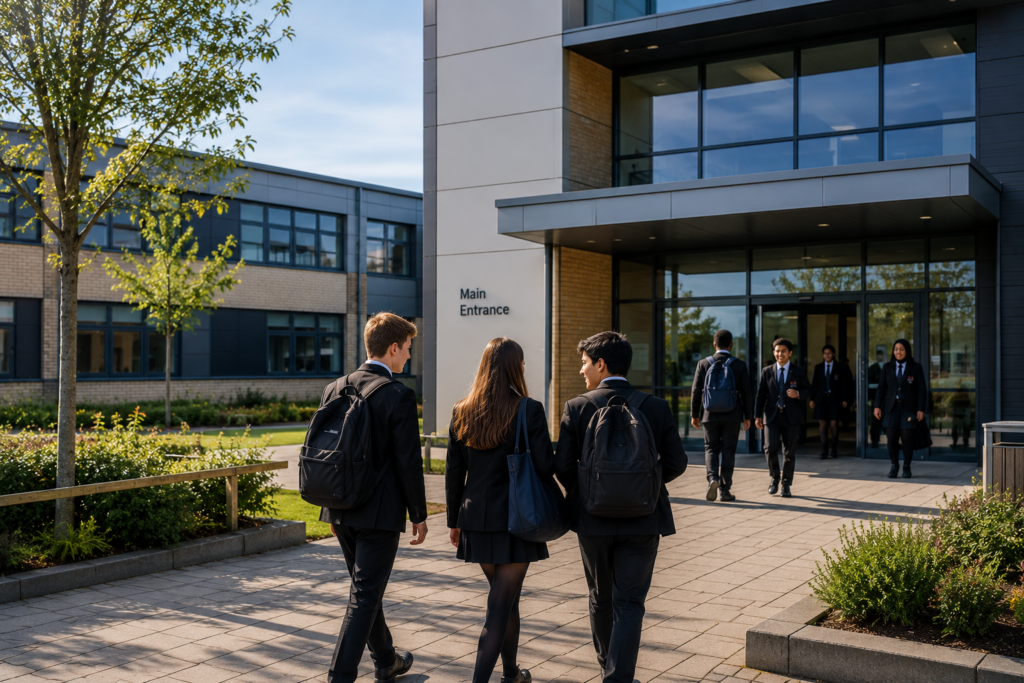 Students arriving at a modern school and academy building