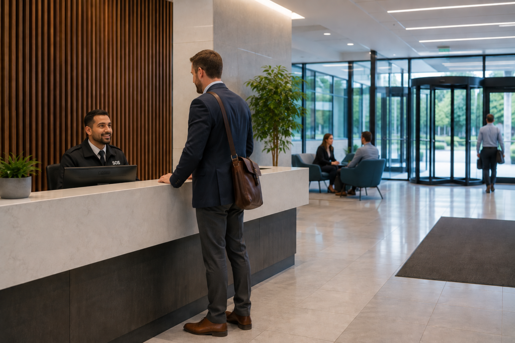 Security officer assisting a visitor at a commercial office reception