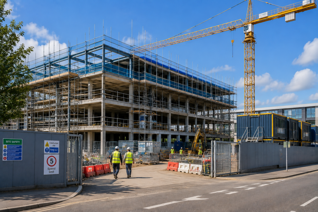Commercial construction site protected by security services