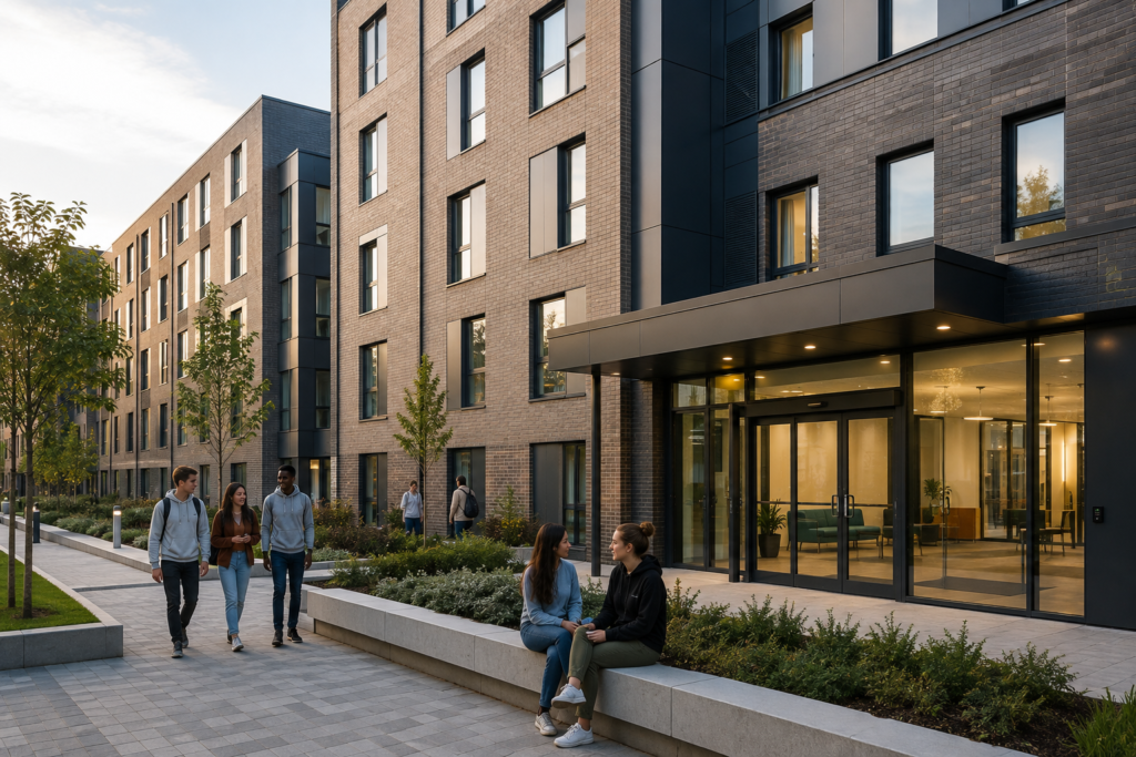 Modern student accommodation building with residents outside