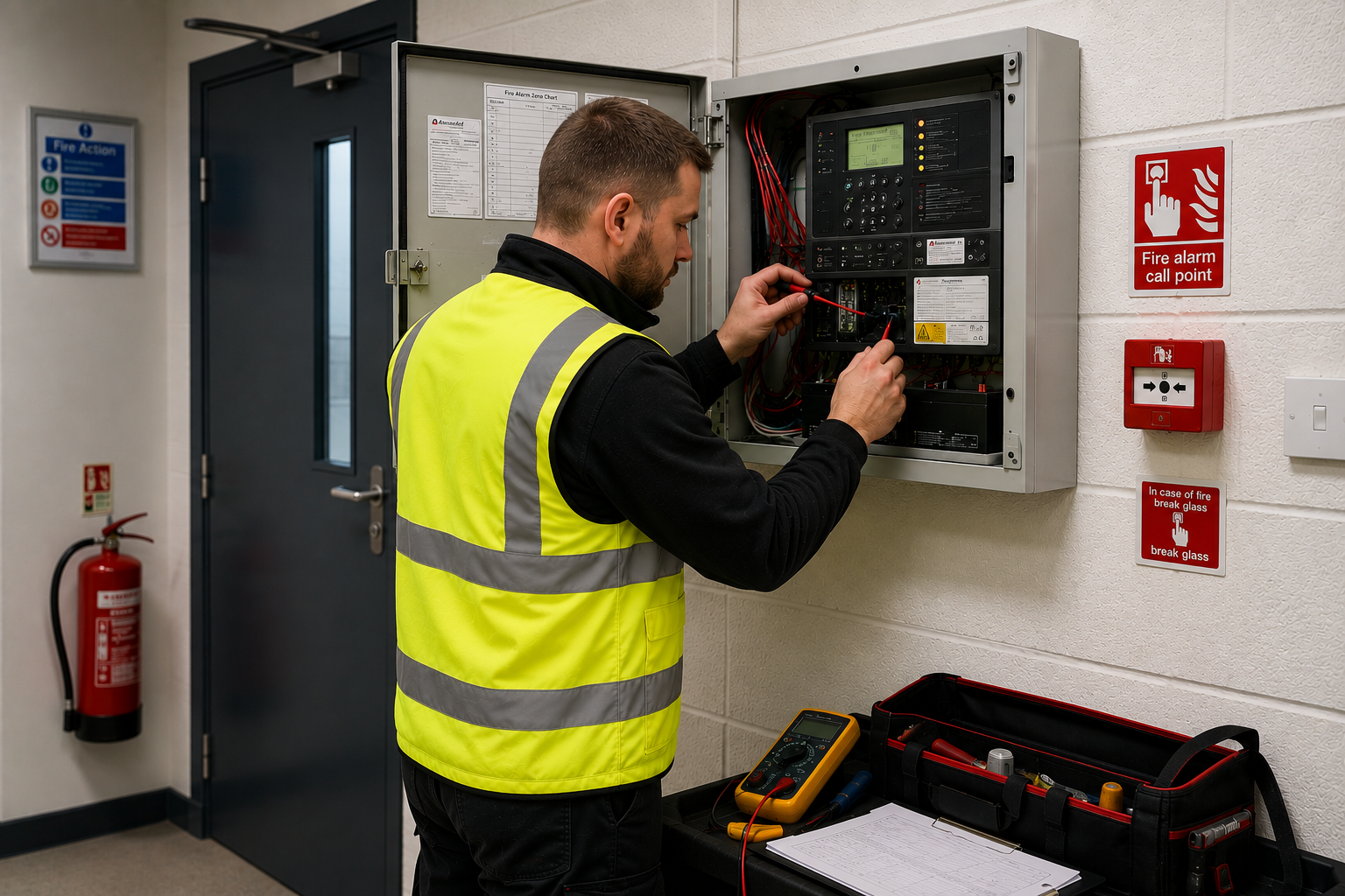 SOS Security engineer servicing a commercial fire alarm system