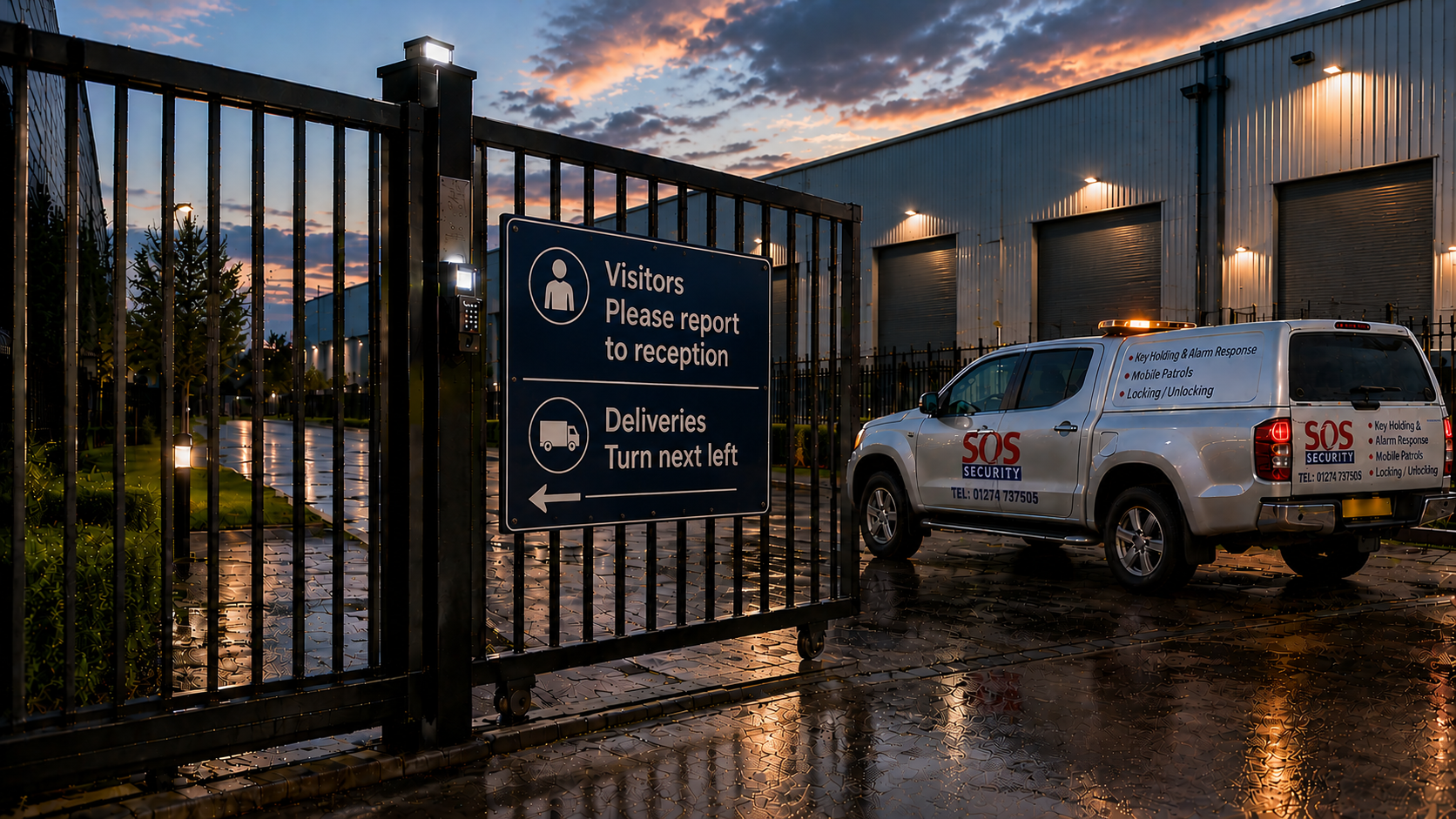 SOS Security mobile patrol vehicle securing commercial premises during a locking and unlocking visit