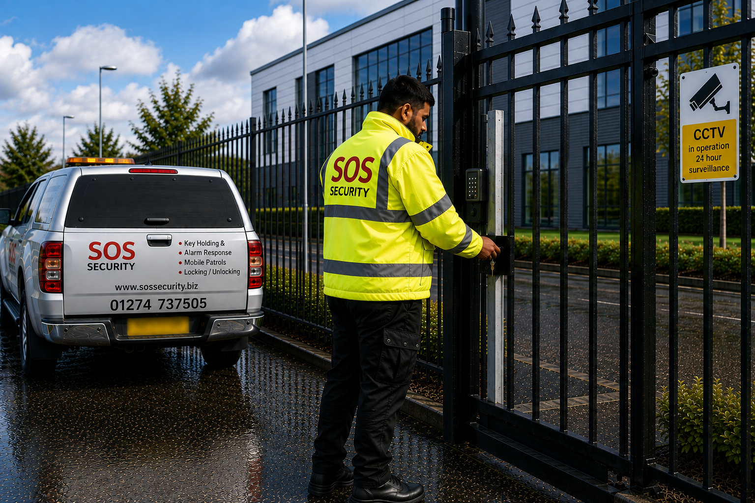 SOS Security officer securing commercial premises during a key holding and alarm response visit